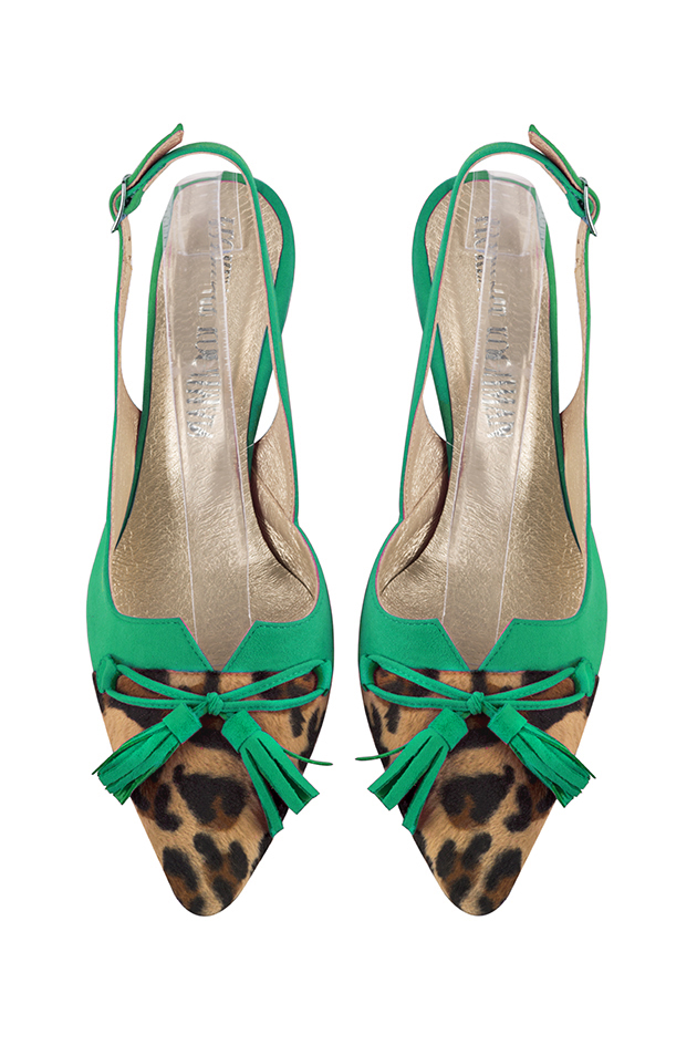 Safari black and emerald green women's open back shoes, with a knot. Tapered toe. High slim heel. Top view - Florence KOOIJMAN